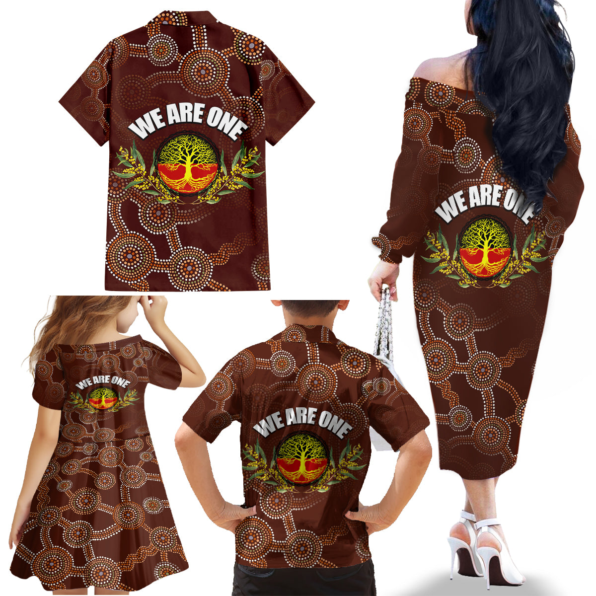 we-are-one-koori-and-australia-family-matching-off-shoulder-long-sleeve-dress-and-hawaiian-shirt-aboriginal-pattern
