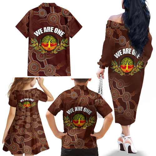 we-are-one-koori-and-australia-family-matching-off-shoulder-long-sleeve-dress-and-hawaiian-shirt-aboriginal-pattern