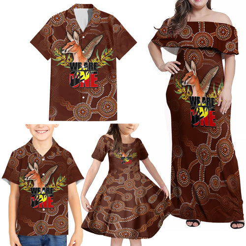 we-are-one-koori-and-australia-family-matching-off-shoulder-maxi-dress-and-hawaiian-shirt-aboriginal-pattern
