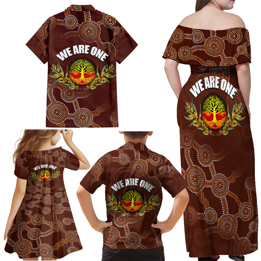 we-are-one-koori-and-australia-family-matching-off-shoulder-maxi-dress-and-hawaiian-shirt-aboriginal-pattern