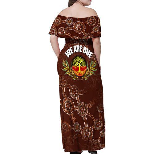 we-are-one-koori-and-australia-family-matching-off-shoulder-maxi-dress-and-hawaiian-shirt-aboriginal-pattern