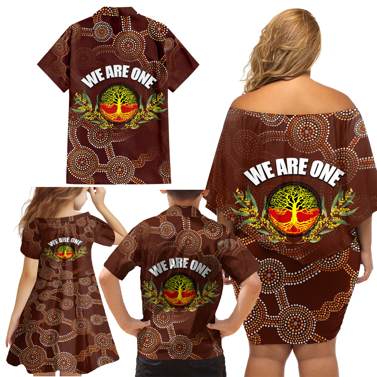 we-are-one-koori-and-australia-family-matching-off-shoulder-short-dress-and-hawaiian-shirt-aboriginal-pattern