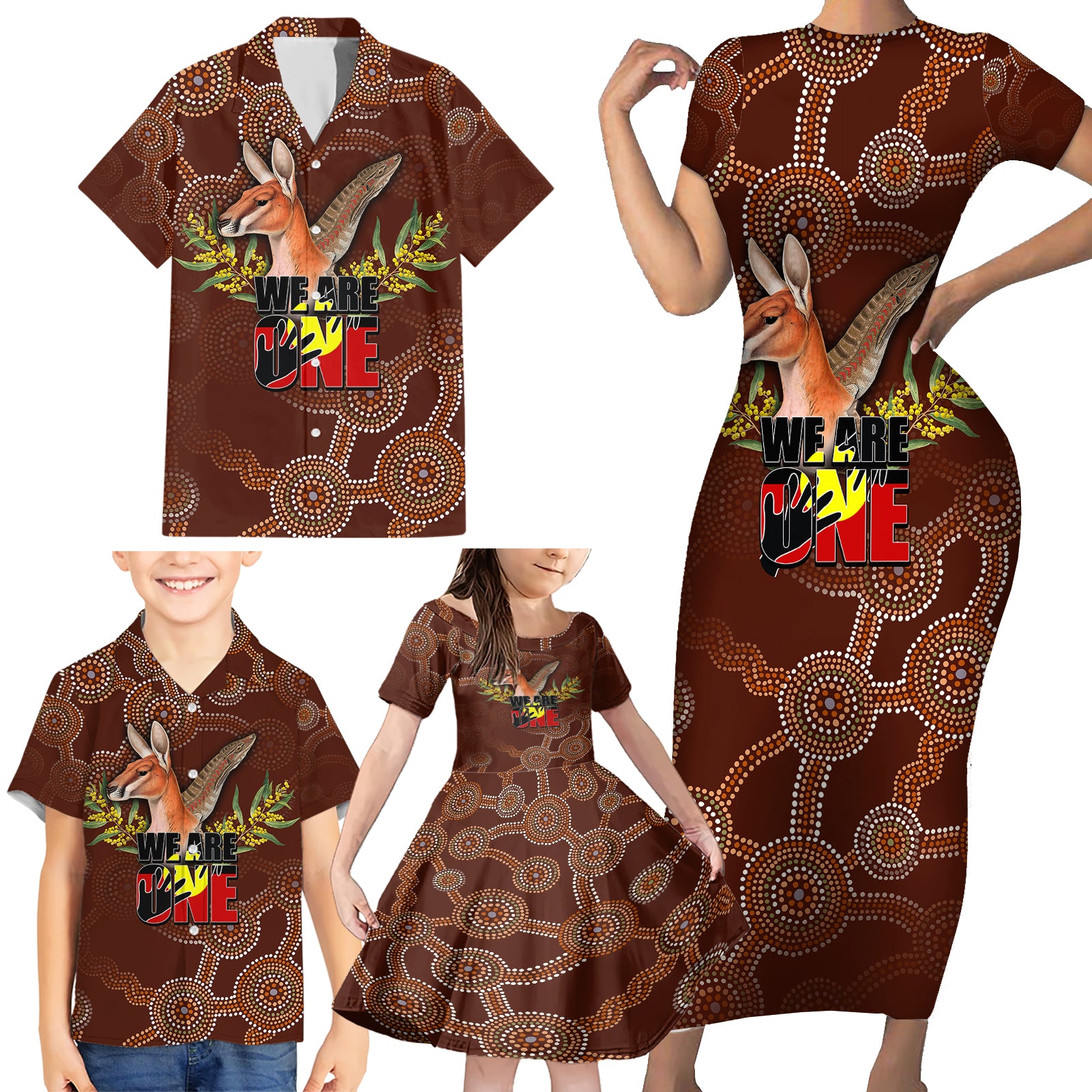 we-are-one-koori-and-australia-family-matching-short-sleeve-bodycon-dress-and-hawaiian-shirt-aboriginal-pattern