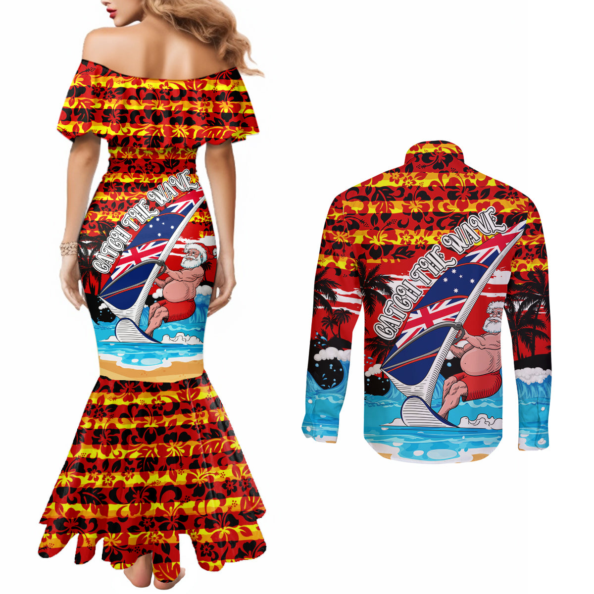 australia-surfing-christmas-couples-matching-mermaid-dress-and-long-sleeve-button-shirt-catch-the-wave
