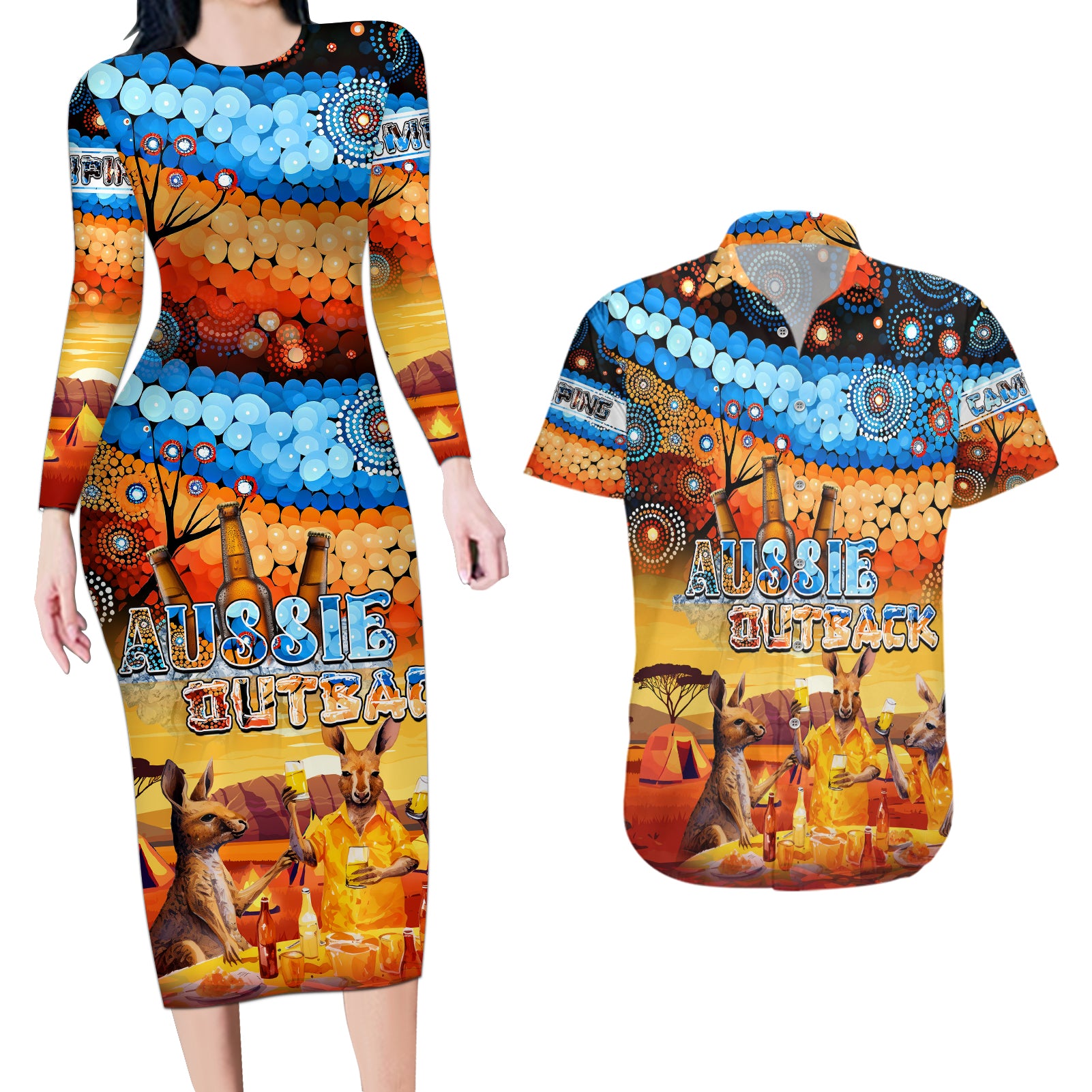 australia-kangaroo-aboriginal-camping-couples-matching-long-sleeve-bodycon-dress-and-hawaiian-shirt-aussie-outback-camping-with-beer