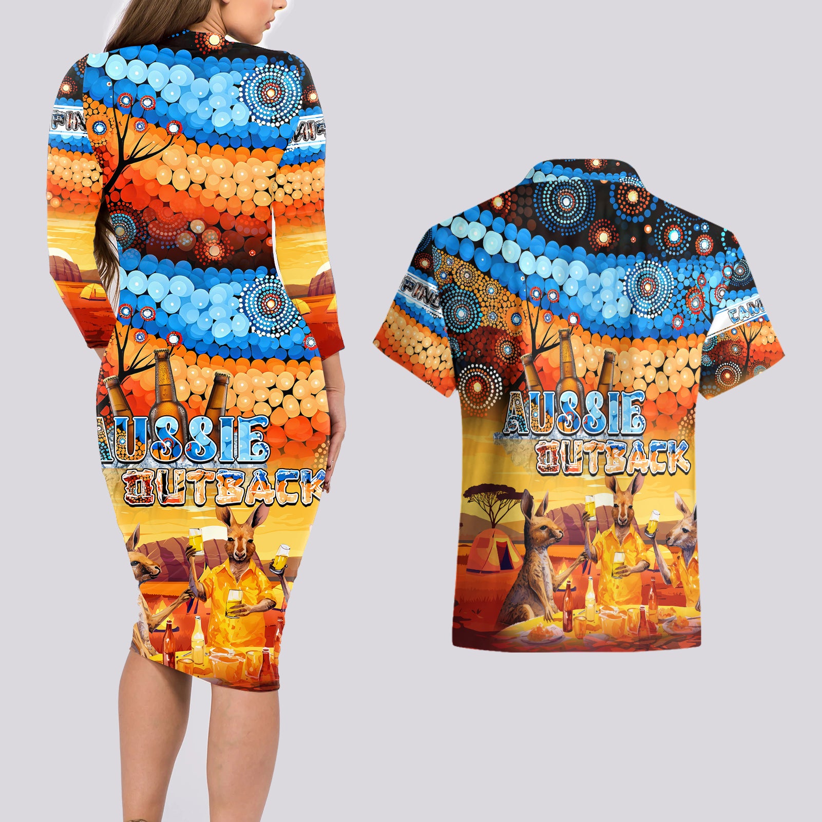 australia-kangaroo-aboriginal-camping-couples-matching-long-sleeve-bodycon-dress-and-hawaiian-shirt-aussie-outback-camping-with-beer