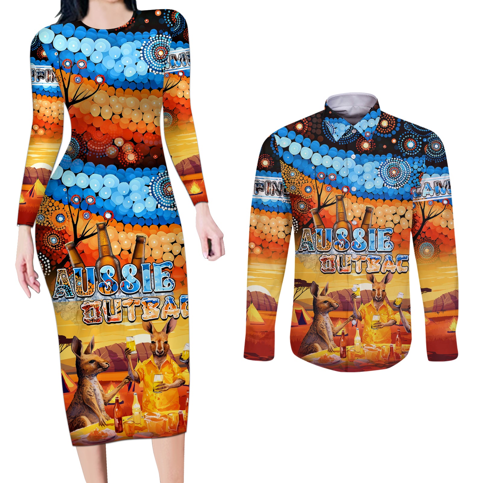 australia-kangaroo-aboriginal-camping-couples-matching-long-sleeve-bodycon-dress-and-long-sleeve-button-shirt-aussie-outback-camping-with-beer