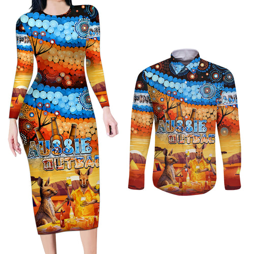 australia-kangaroo-aboriginal-camping-couples-matching-long-sleeve-bodycon-dress-and-long-sleeve-button-shirt-aussie-outback-camping-with-beer