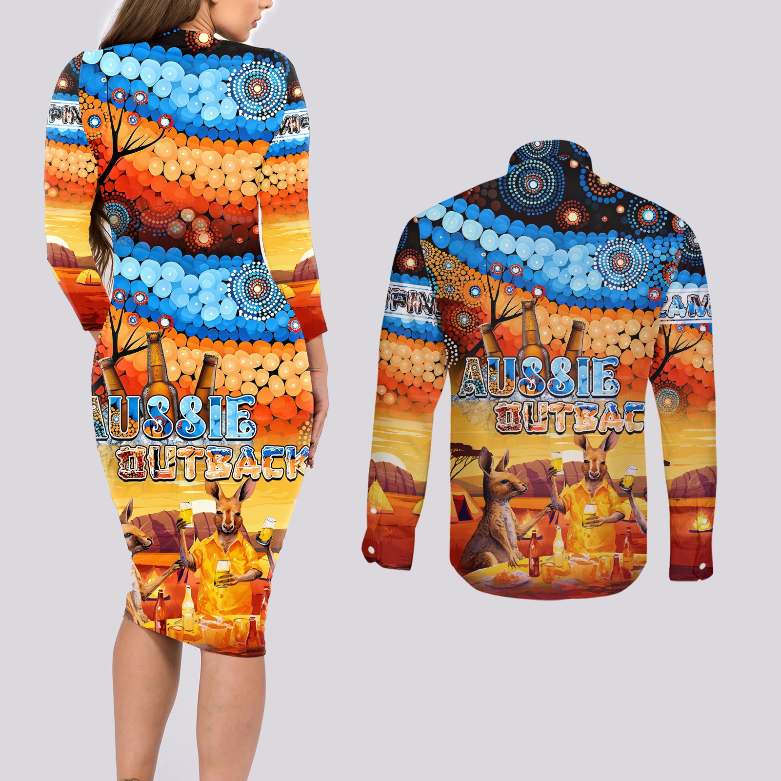 australia-kangaroo-aboriginal-camping-couples-matching-long-sleeve-bodycon-dress-and-long-sleeve-button-shirt-aussie-outback-camping-with-beer
