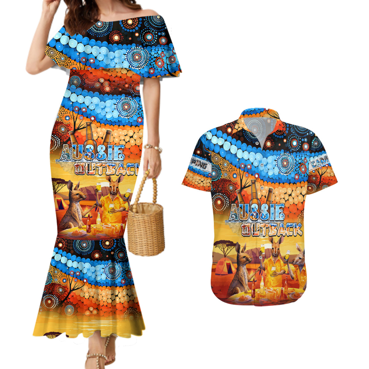 australia-kangaroo-aboriginal-camping-couples-matching-mermaid-dress-and-hawaiian-shirt-aussie-outback-camping-with-beer