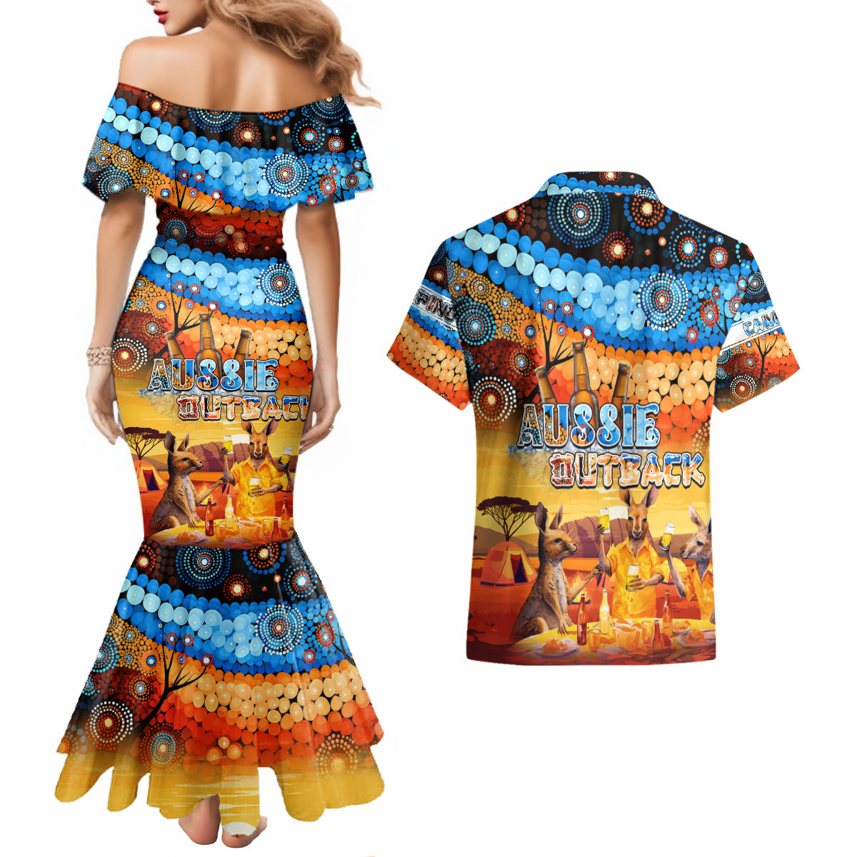 australia-kangaroo-aboriginal-camping-couples-matching-mermaid-dress-and-hawaiian-shirt-aussie-outback-camping-with-beer