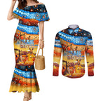 australia-kangaroo-aboriginal-camping-couples-matching-mermaid-dress-and-long-sleeve-button-shirt-aussie-outback-camping-with-beer