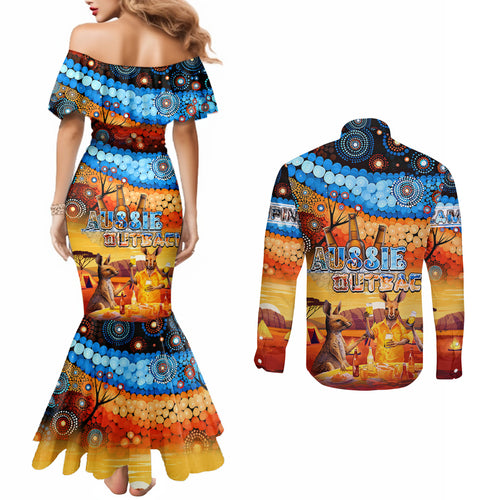 australia-kangaroo-aboriginal-camping-couples-matching-mermaid-dress-and-long-sleeve-button-shirt-aussie-outback-camping-with-beer