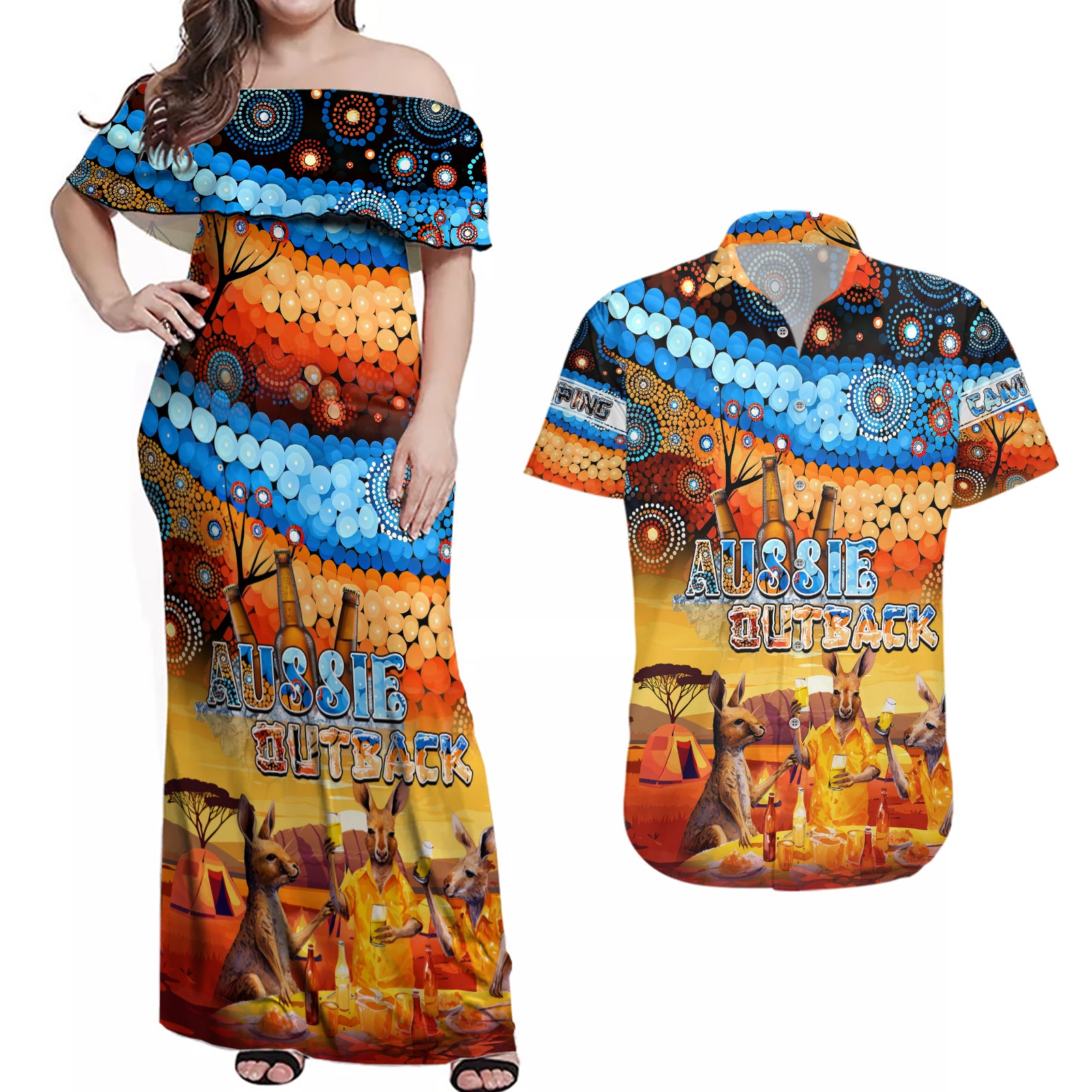australia-kangaroo-aboriginal-camping-couples-matching-off-shoulder-maxi-dress-and-hawaiian-shirt-aussie-outback-camping-with-beer