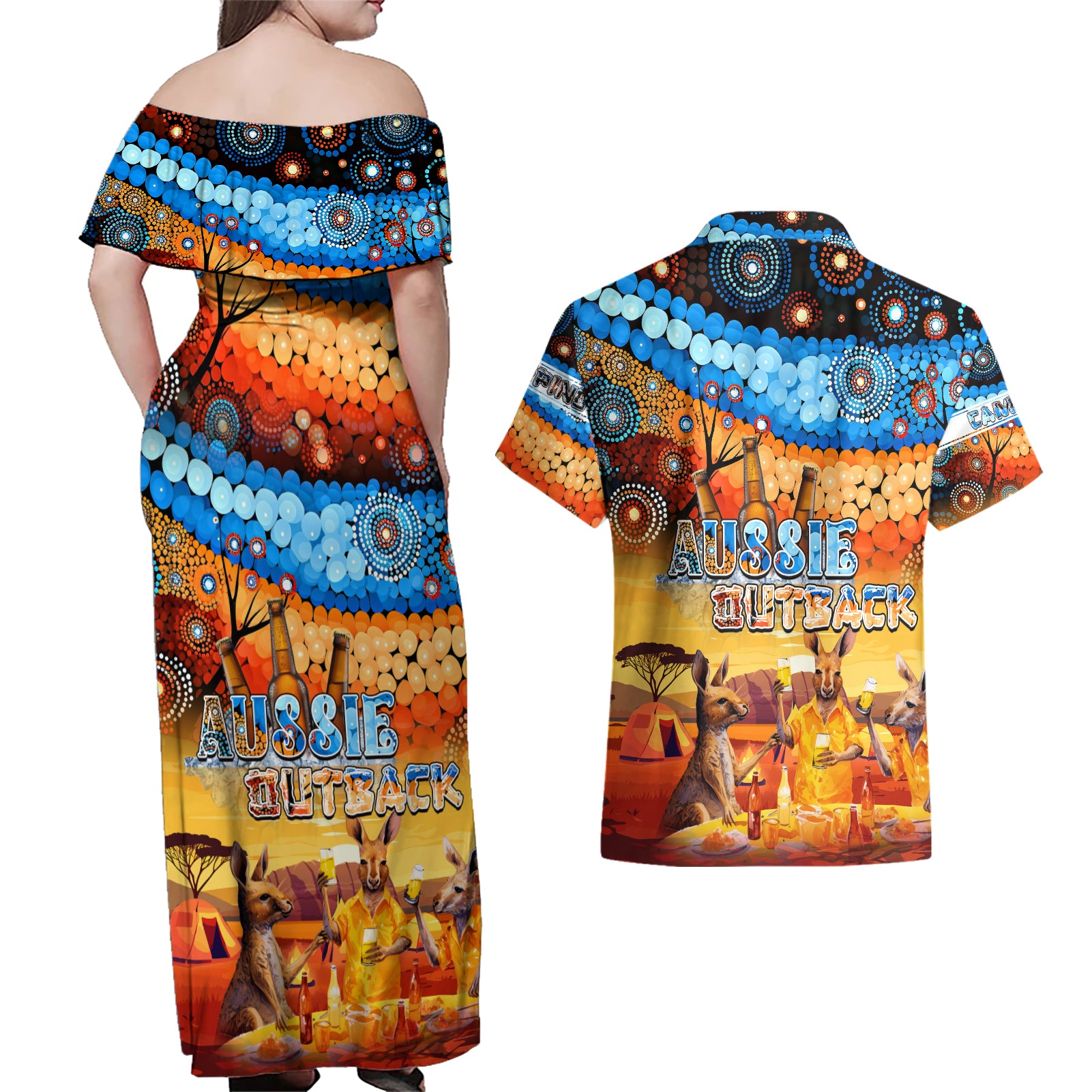 australia-kangaroo-aboriginal-camping-couples-matching-off-shoulder-maxi-dress-and-hawaiian-shirt-aussie-outback-camping-with-beer