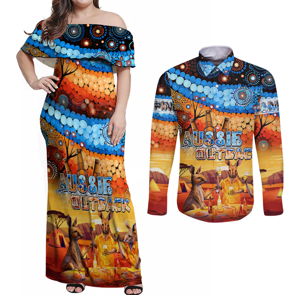 australia-kangaroo-aboriginal-camping-couples-matching-off-shoulder-maxi-dress-and-long-sleeve-button-shirt-aussie-outback-camping-with-beer