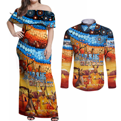 australia-kangaroo-aboriginal-camping-couples-matching-off-shoulder-maxi-dress-and-long-sleeve-button-shirt-aussie-outback-camping-with-beer