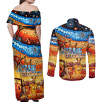 australia-kangaroo-aboriginal-camping-couples-matching-off-shoulder-maxi-dress-and-long-sleeve-button-shirt-aussie-outback-camping-with-beer
