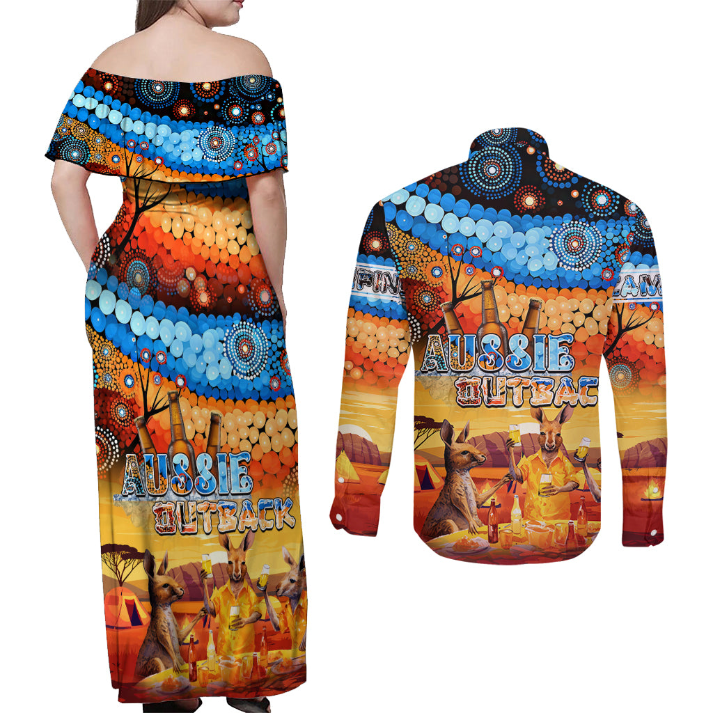 australia-kangaroo-aboriginal-camping-couples-matching-off-shoulder-maxi-dress-and-long-sleeve-button-shirt-aussie-outback-camping-with-beer