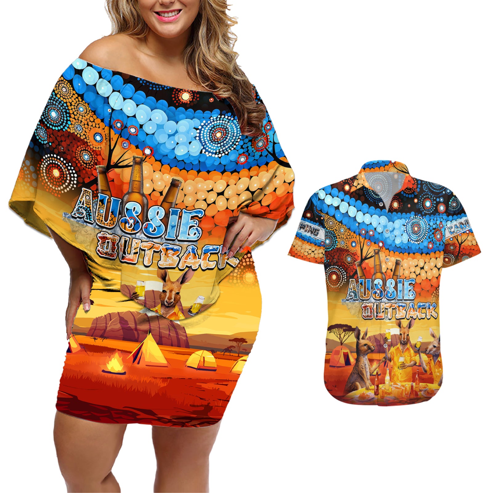 australia-kangaroo-aboriginal-camping-couples-matching-off-shoulder-short-dress-and-hawaiian-shirt-aussie-outback-camping-with-beer