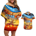 australia-kangaroo-aboriginal-camping-couples-matching-off-shoulder-short-dress-and-hawaiian-shirt-aussie-outback-camping-with-beer