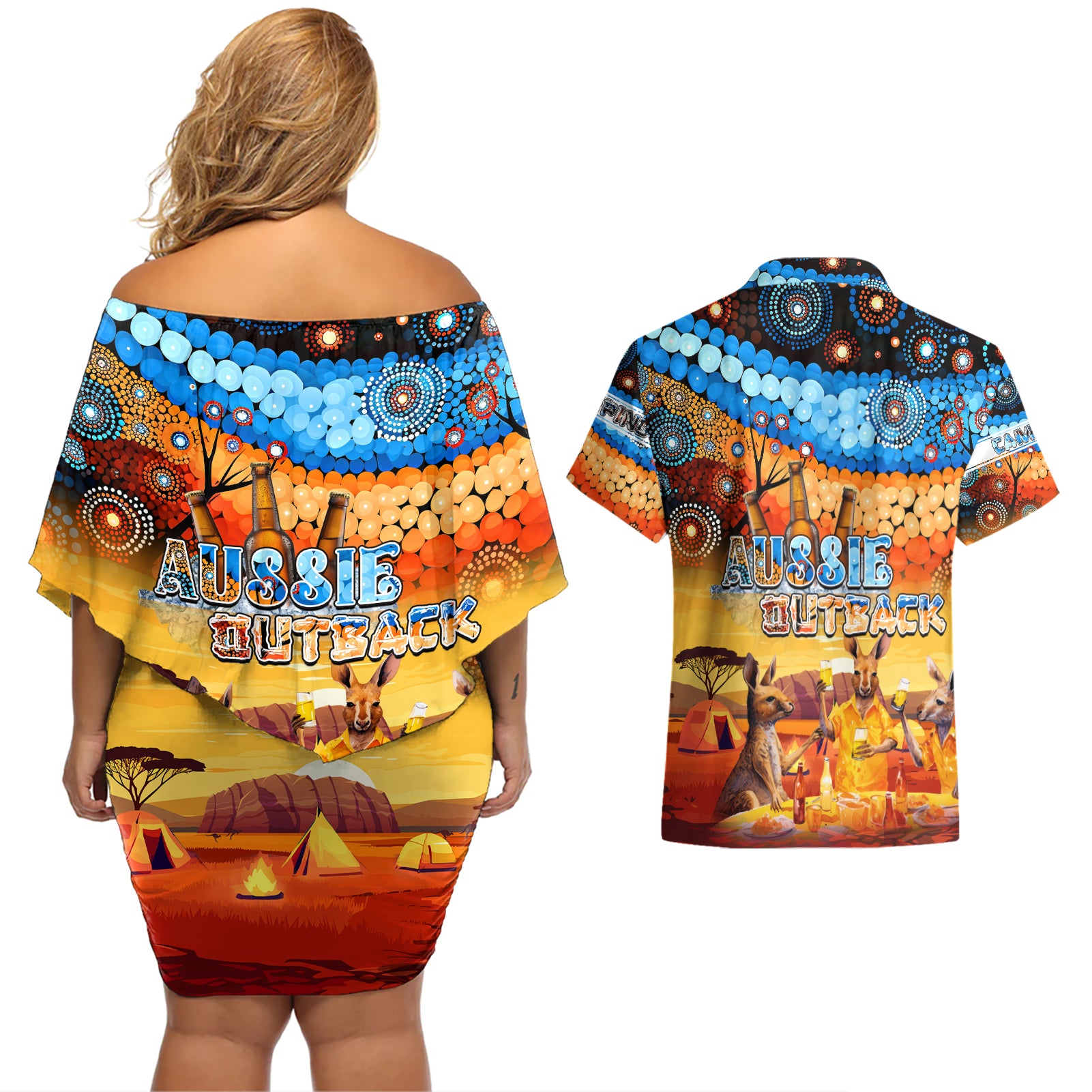 australia-kangaroo-aboriginal-camping-couples-matching-off-shoulder-short-dress-and-hawaiian-shirt-aussie-outback-camping-with-beer