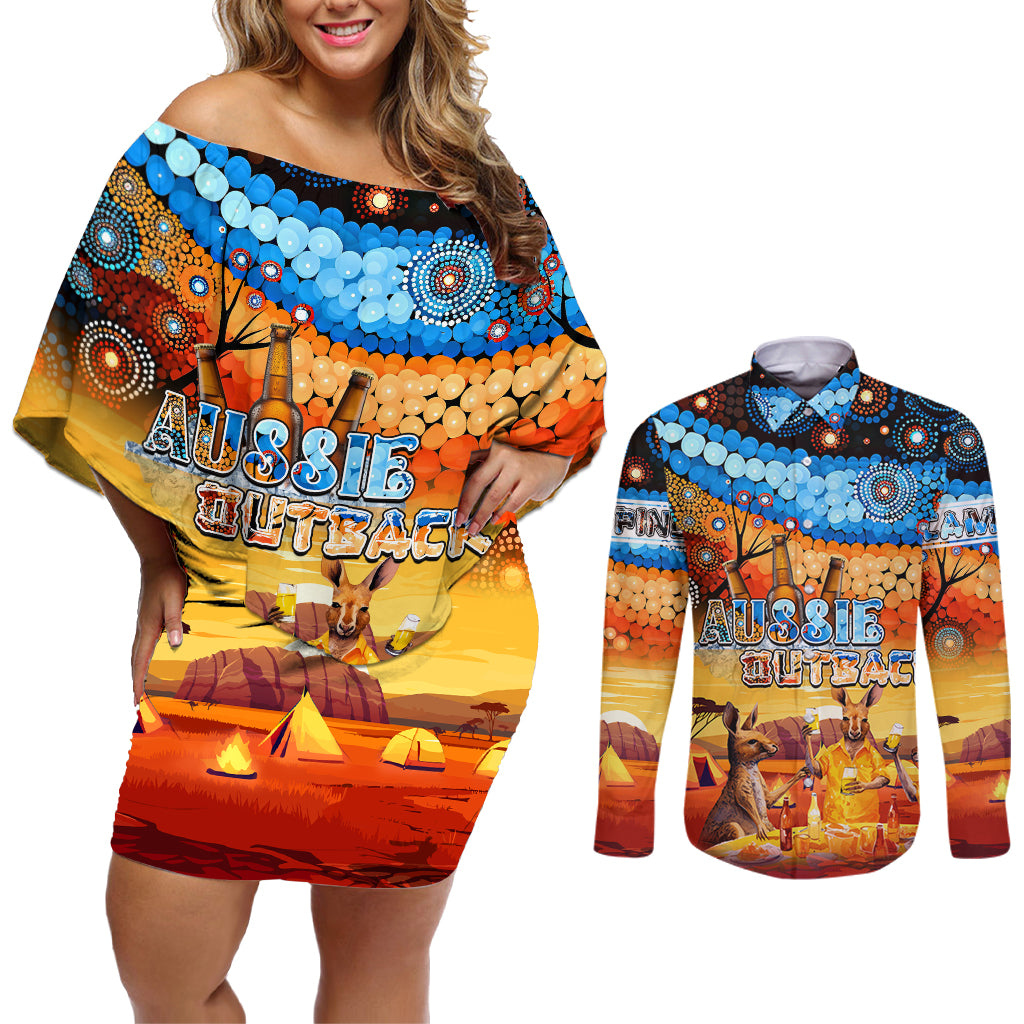 australia-kangaroo-aboriginal-camping-couples-matching-off-shoulder-short-dress-and-long-sleeve-button-shirt-aussie-outback-camping-with-beer
