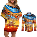 australia-kangaroo-aboriginal-camping-couples-matching-off-shoulder-short-dress-and-long-sleeve-button-shirt-aussie-outback-camping-with-beer