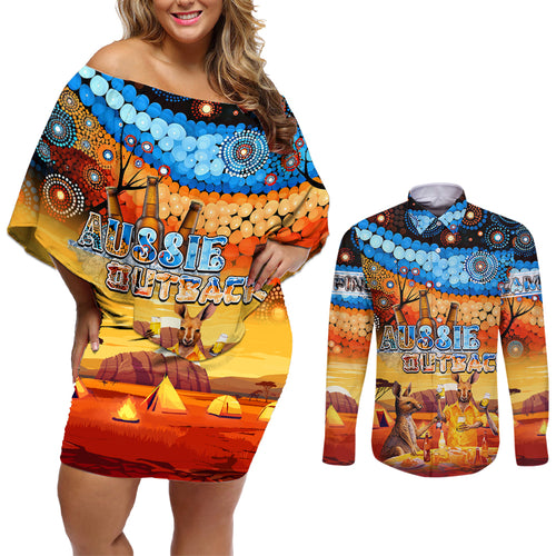australia-kangaroo-aboriginal-camping-couples-matching-off-shoulder-short-dress-and-long-sleeve-button-shirt-aussie-outback-camping-with-beer