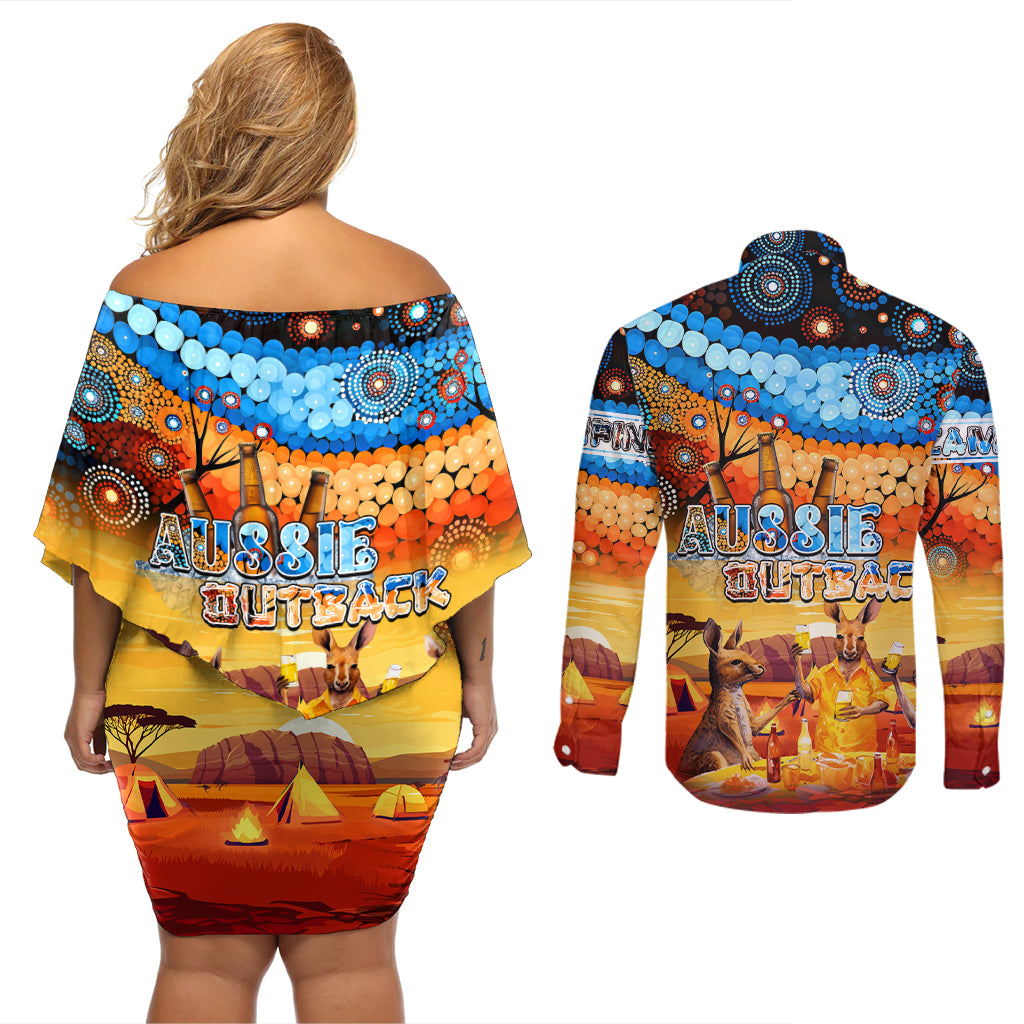 australia-kangaroo-aboriginal-camping-couples-matching-off-shoulder-short-dress-and-long-sleeve-button-shirt-aussie-outback-camping-with-beer