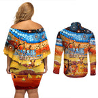 australia-kangaroo-aboriginal-camping-couples-matching-off-shoulder-short-dress-and-long-sleeve-button-shirt-aussie-outback-camping-with-beer