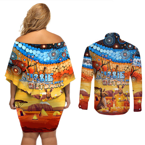 australia-kangaroo-aboriginal-camping-couples-matching-off-shoulder-short-dress-and-long-sleeve-button-shirt-aussie-outback-camping-with-beer