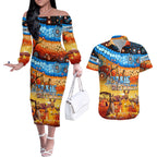 australia-kangaroo-aboriginal-camping-couples-matching-off-the-shoulder-long-sleeve-dress-and-hawaiian-shirt-aussie-outback-camping-with-beer