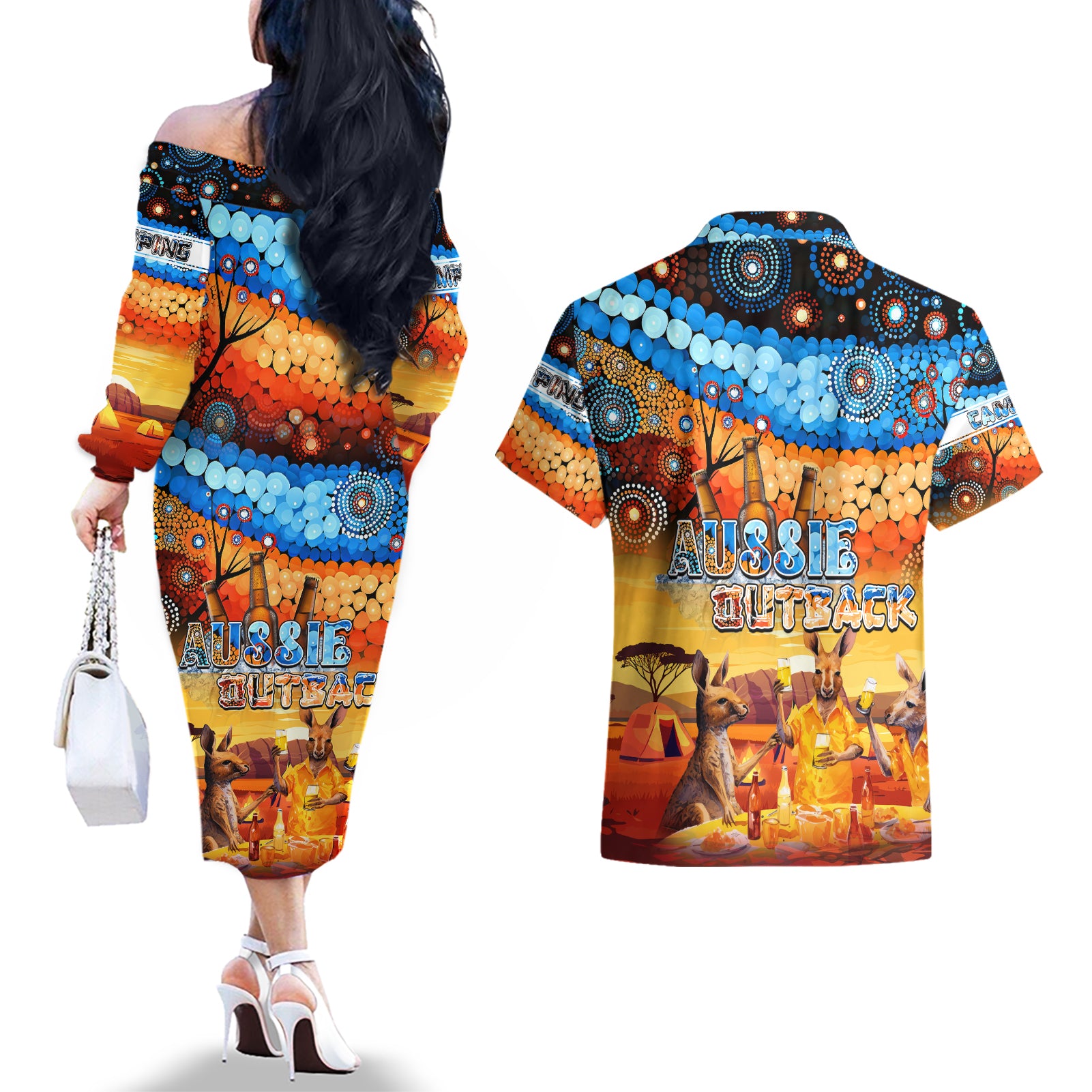 australia-kangaroo-aboriginal-camping-couples-matching-off-the-shoulder-long-sleeve-dress-and-hawaiian-shirt-aussie-outback-camping-with-beer