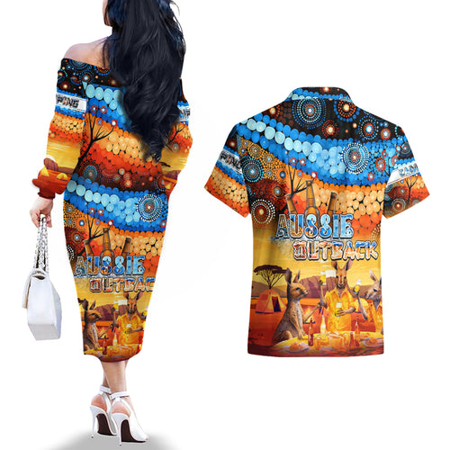 australia-kangaroo-aboriginal-camping-couples-matching-off-the-shoulder-long-sleeve-dress-and-hawaiian-shirt-aussie-outback-camping-with-beer