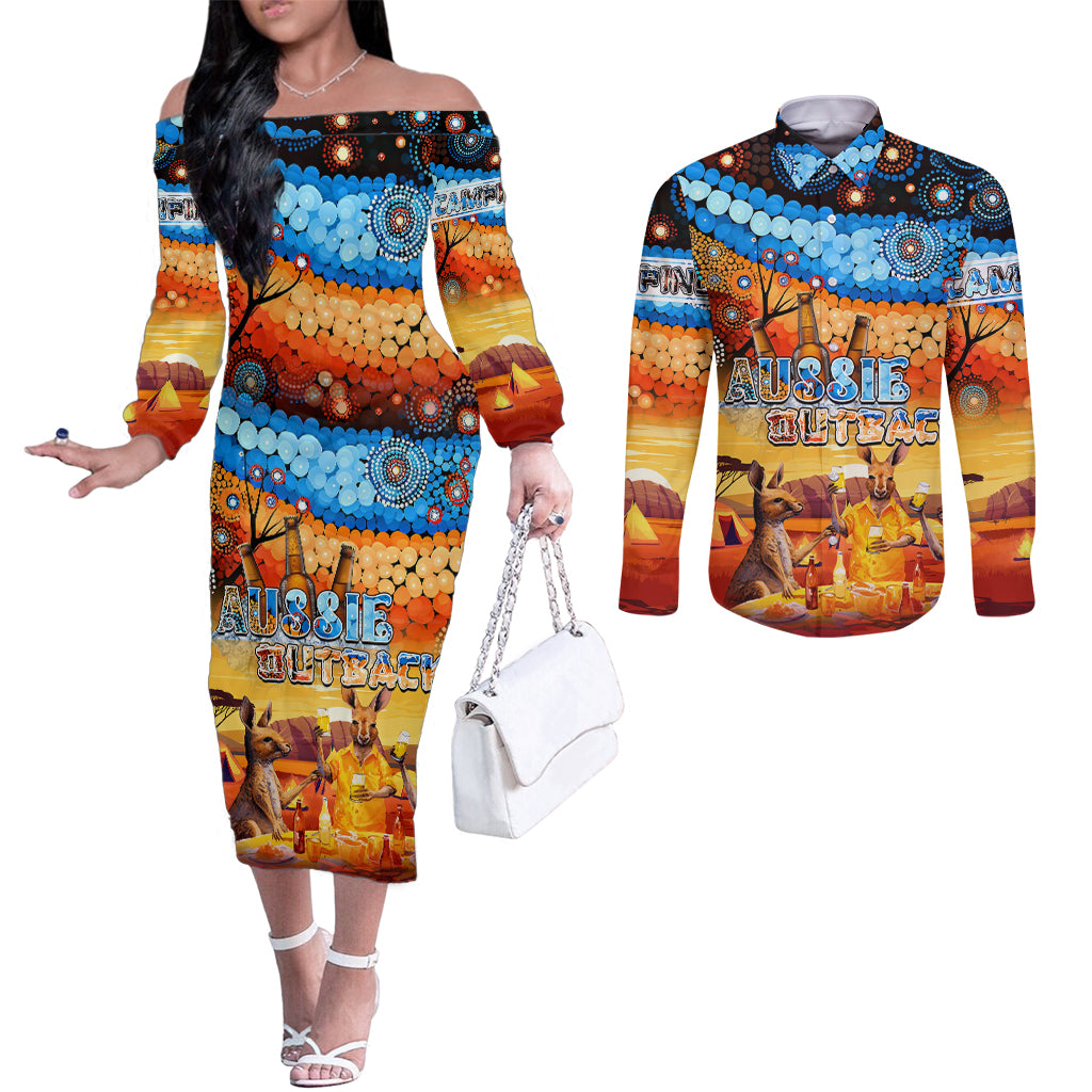 australia-kangaroo-aboriginal-camping-couples-matching-off-the-shoulder-long-sleeve-dress-and-long-sleeve-button-shirt-aussie-outback-camping-with-beer