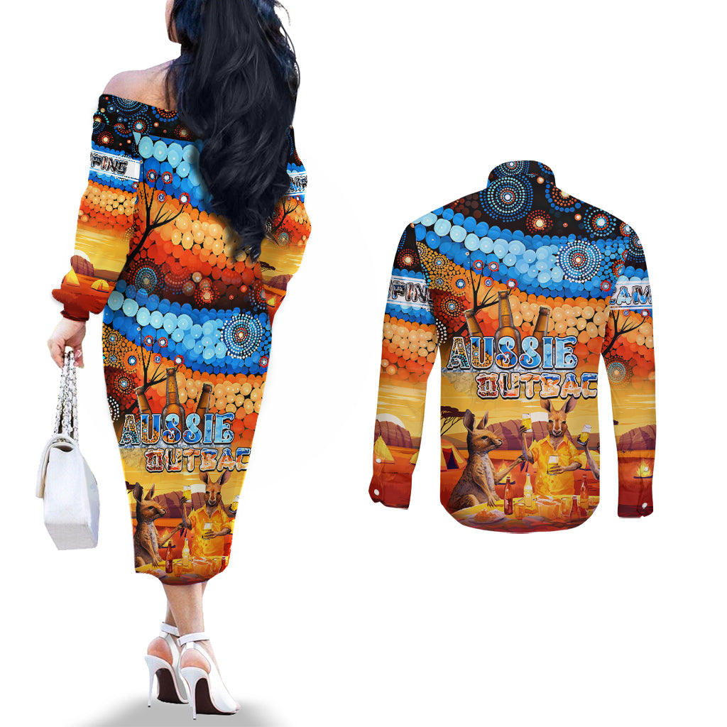 australia-kangaroo-aboriginal-camping-couples-matching-off-the-shoulder-long-sleeve-dress-and-long-sleeve-button-shirt-aussie-outback-camping-with-beer