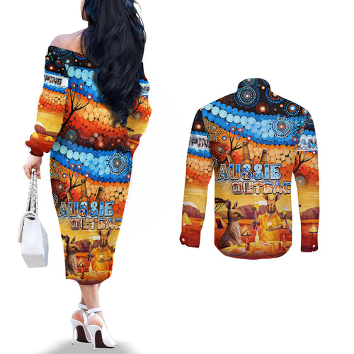 australia-kangaroo-aboriginal-camping-couples-matching-off-the-shoulder-long-sleeve-dress-and-long-sleeve-button-shirt-aussie-outback-camping-with-beer