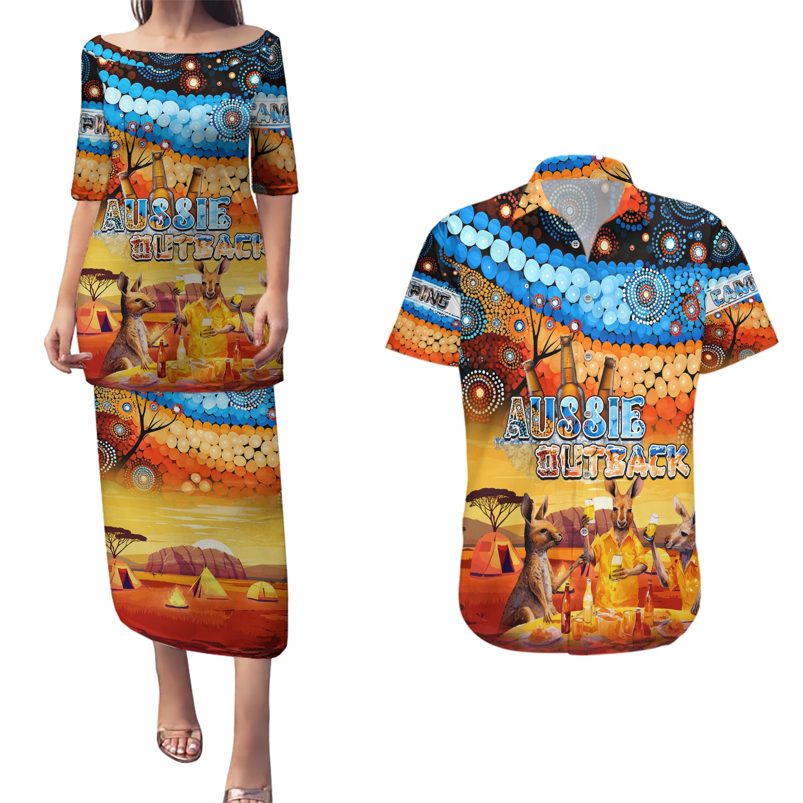 australia-kangaroo-aboriginal-camping-couples-matching-puletasi-dress-and-hawaiian-shirt-aussie-outback-camping-with-beer