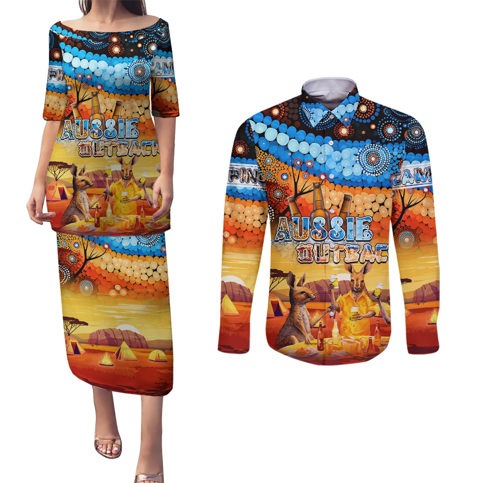 australia-kangaroo-aboriginal-camping-couples-matching-puletasi-dress-and-long-sleeve-button-shirt-aussie-outback-camping-with-beer