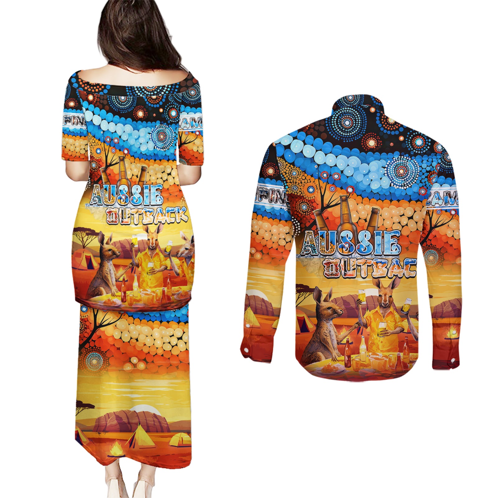 australia-kangaroo-aboriginal-camping-couples-matching-puletasi-dress-and-long-sleeve-button-shirt-aussie-outback-camping-with-beer