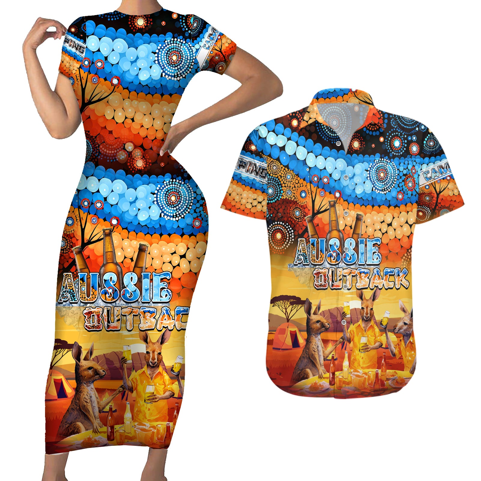 australia-kangaroo-aboriginal-camping-couples-matching-short-sleeve-bodycon-dress-and-hawaiian-shirt-aussie-outback-camping-with-beer