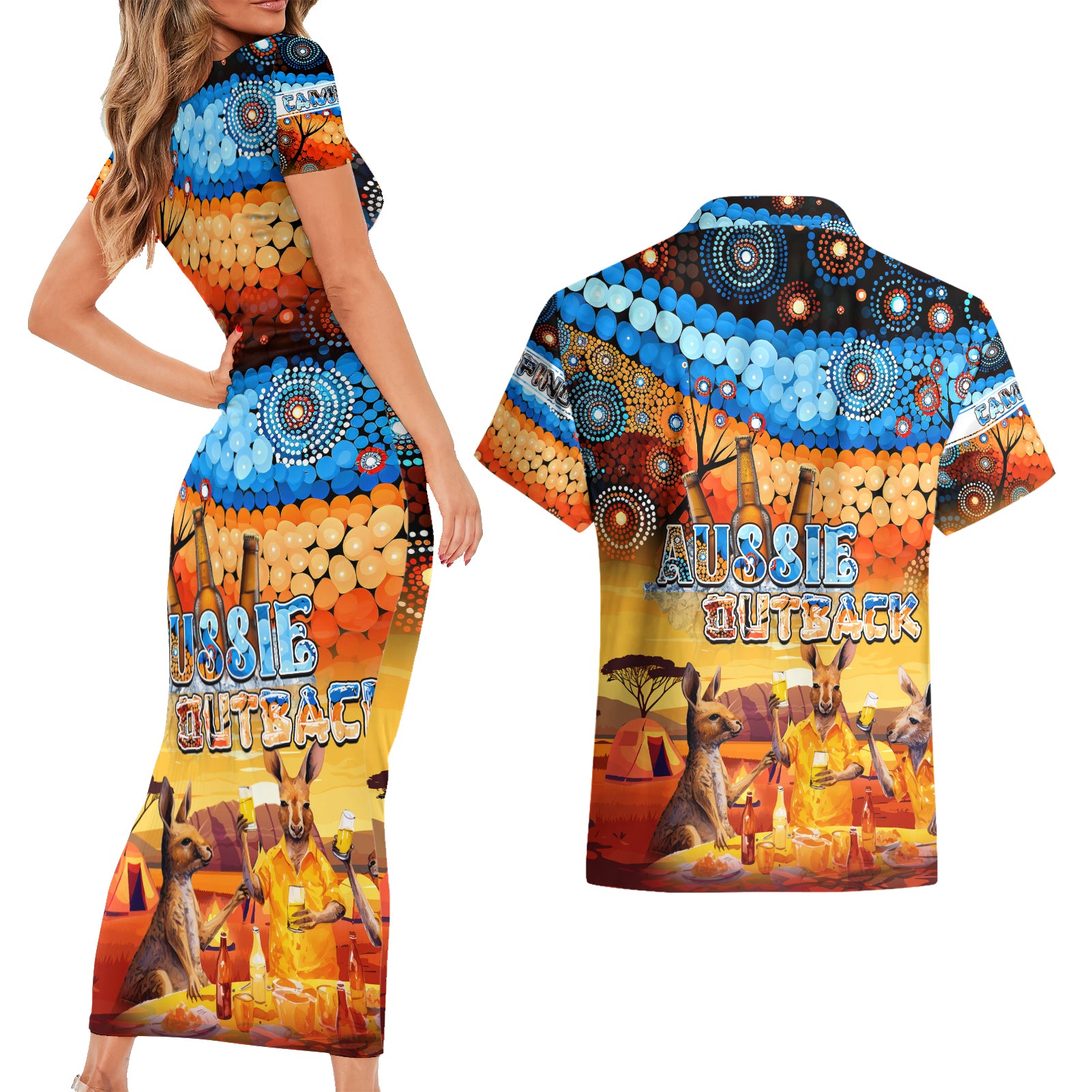 australia-kangaroo-aboriginal-camping-couples-matching-short-sleeve-bodycon-dress-and-hawaiian-shirt-aussie-outback-camping-with-beer