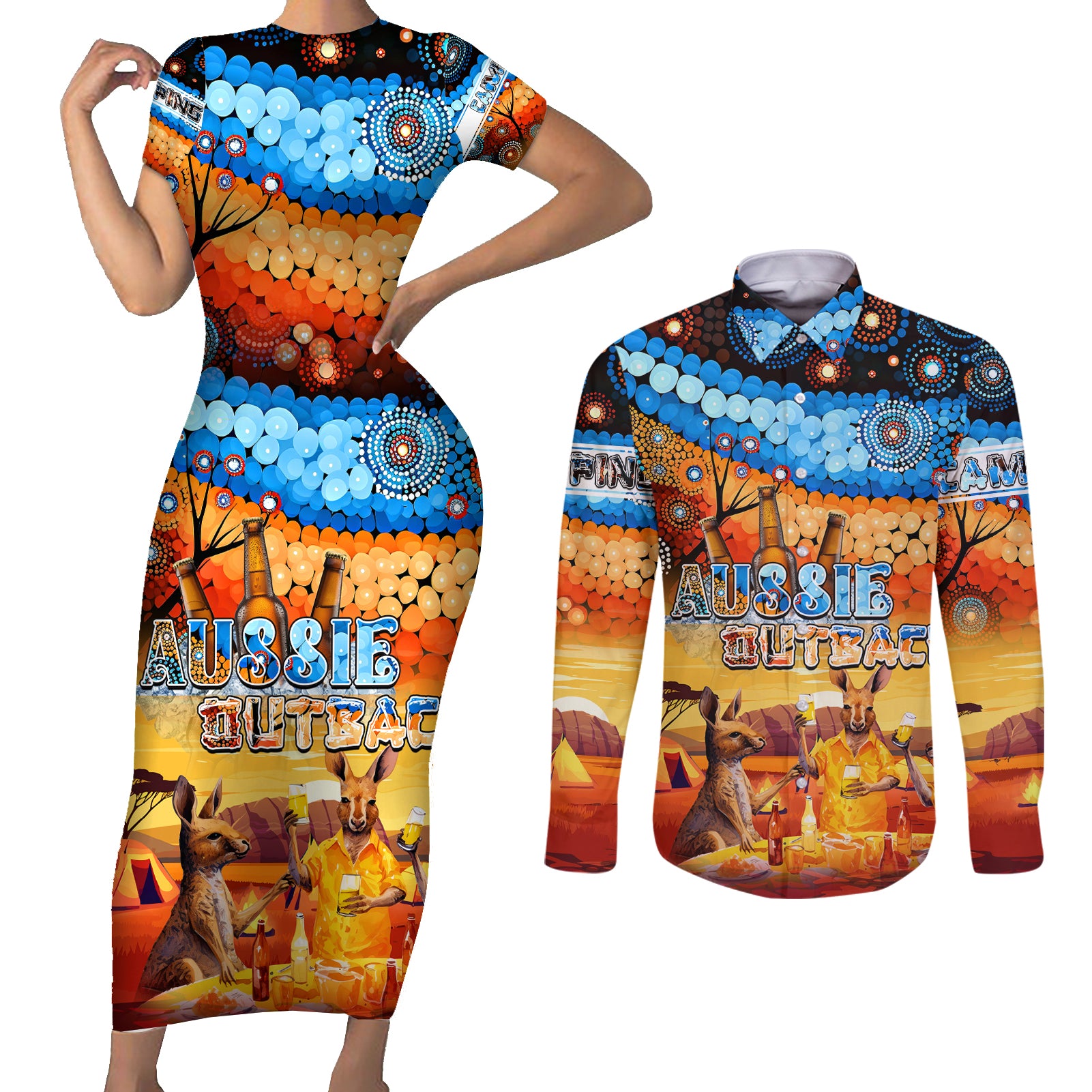 australia-kangaroo-aboriginal-camping-couples-matching-short-sleeve-bodycon-dress-and-long-sleeve-button-shirt-aussie-outback-camping-with-beer