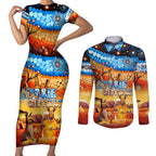 australia-kangaroo-aboriginal-camping-couples-matching-short-sleeve-bodycon-dress-and-long-sleeve-button-shirt-aussie-outback-camping-with-beer