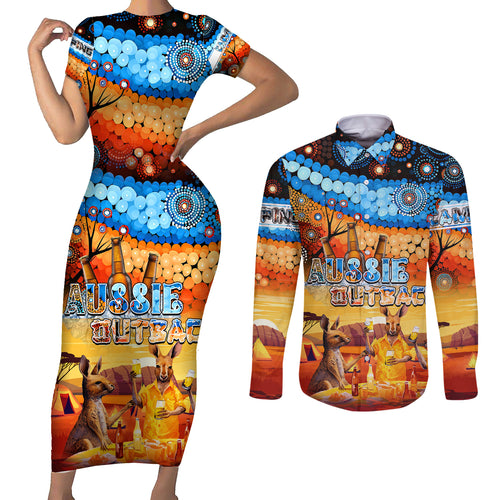australia-kangaroo-aboriginal-camping-couples-matching-short-sleeve-bodycon-dress-and-long-sleeve-button-shirt-aussie-outback-camping-with-beer