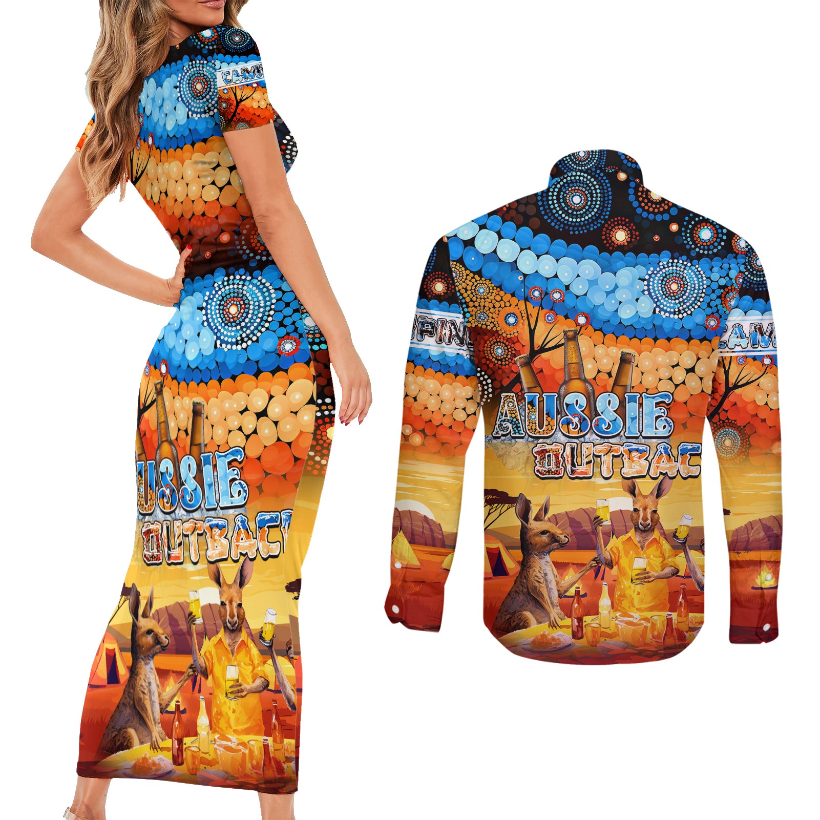 australia-kangaroo-aboriginal-camping-couples-matching-short-sleeve-bodycon-dress-and-long-sleeve-button-shirt-aussie-outback-camping-with-beer