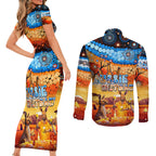 australia-kangaroo-aboriginal-camping-couples-matching-short-sleeve-bodycon-dress-and-long-sleeve-button-shirt-aussie-outback-camping-with-beer