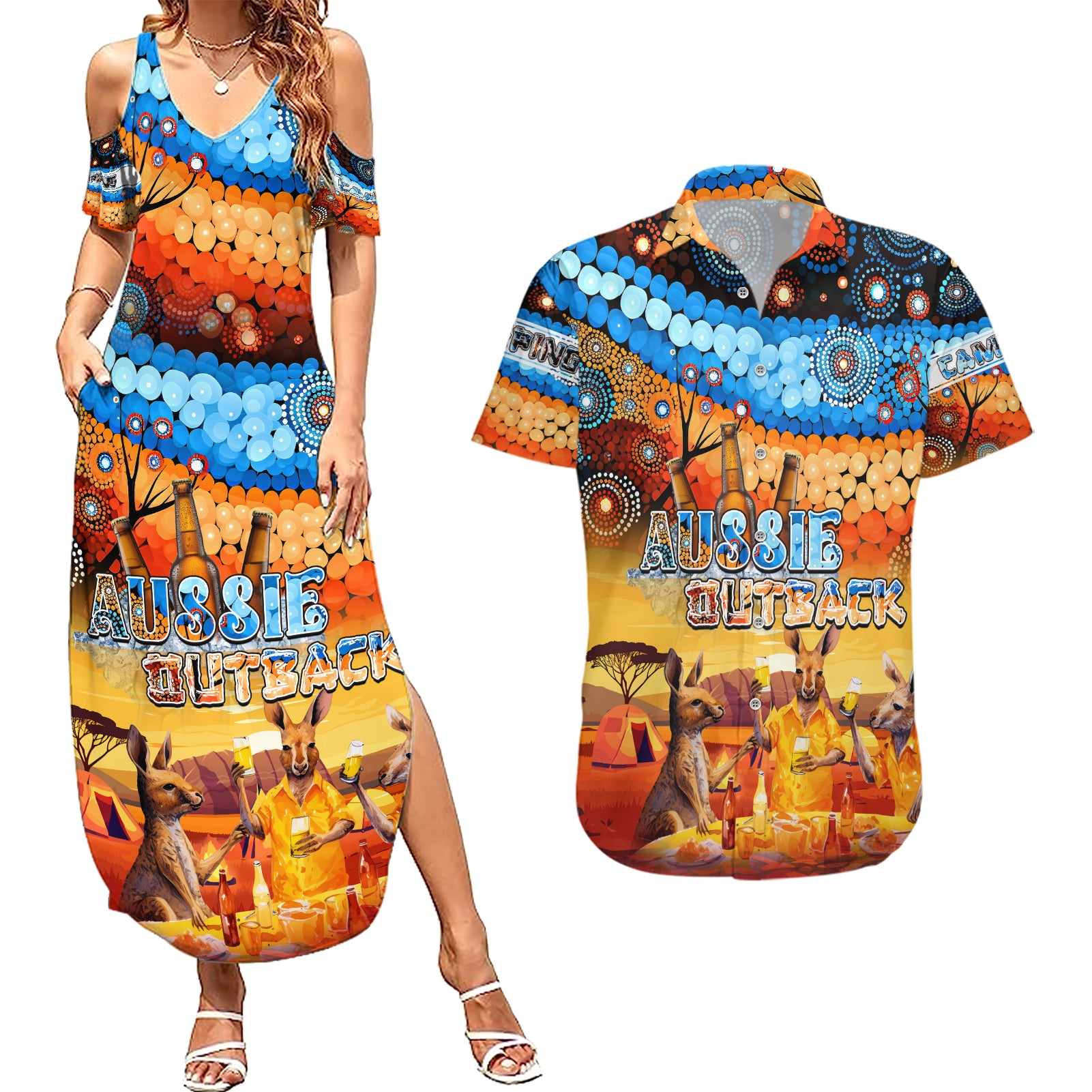 australia-kangaroo-aboriginal-camping-couples-matching-summer-maxi-dress-and-hawaiian-shirt-aussie-outback-camping-with-beer
