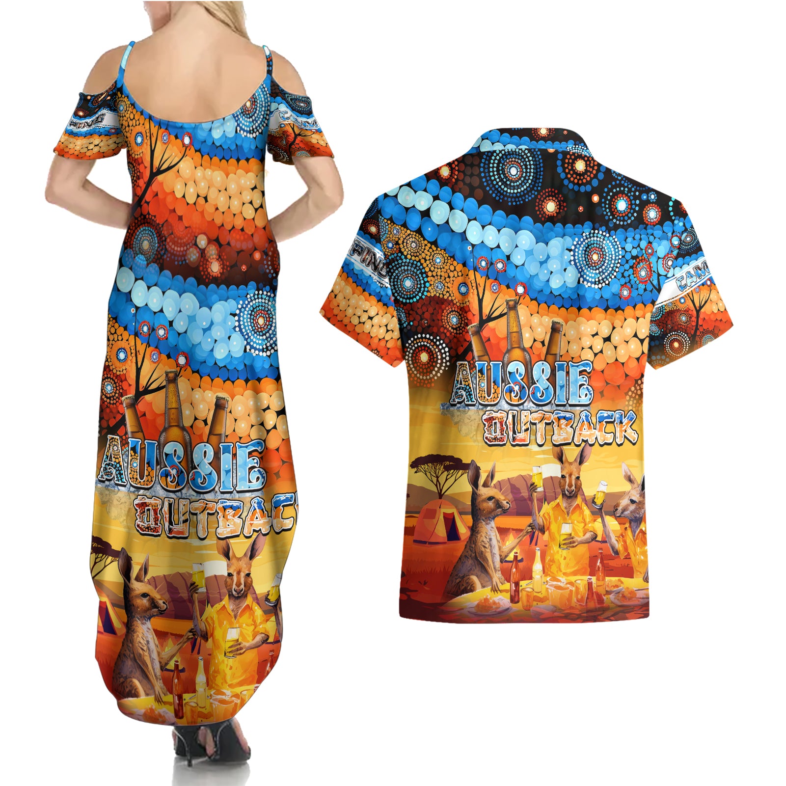 australia-kangaroo-aboriginal-camping-couples-matching-summer-maxi-dress-and-hawaiian-shirt-aussie-outback-camping-with-beer